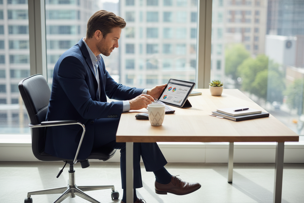 Marketing Executive sitting at desk looking at his Ipad
